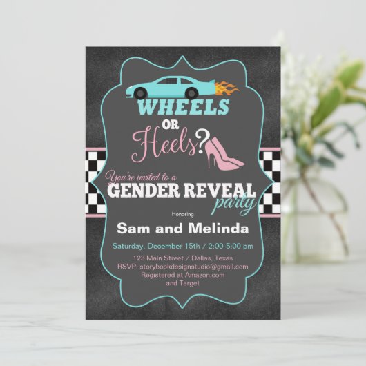 Heels oder Räder - Aufdeckung von geschlechtsspezi Einladung (Stehend Vorderseite)