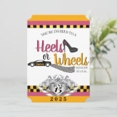 Heels oder Räder {Auto} Rosa- und Gelbfärbung Einladung (Stehend Vorderseite)