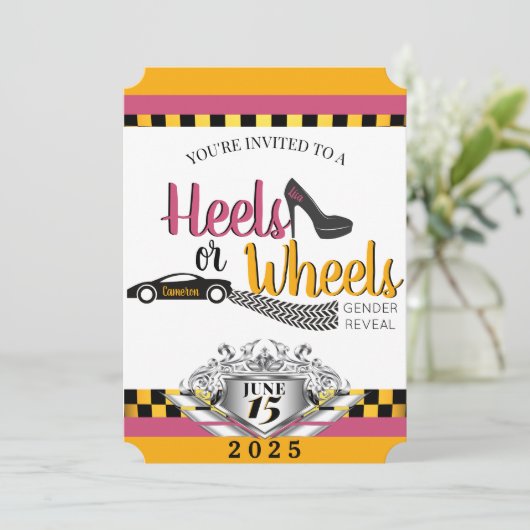 Heels oder Räder {Auto} Rosa- und Gelbfärbung Einladung (Stehend Vorderseite)