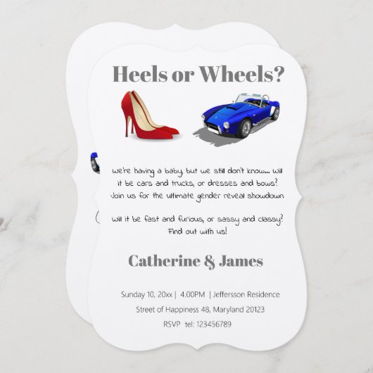Heels oder Räder Chic Lässige Quirky Gender Reveal Einladung (Vorne/Hinten)