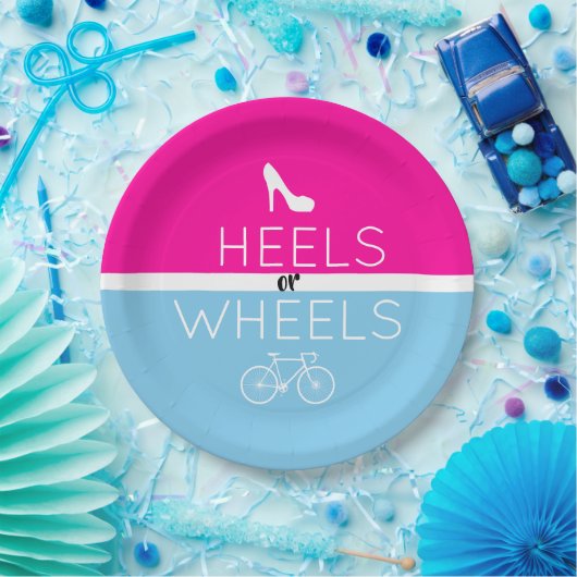 Heels oder Räder {Fahrrad} Pink|Blauer Geschlechts Pappteller (Party)