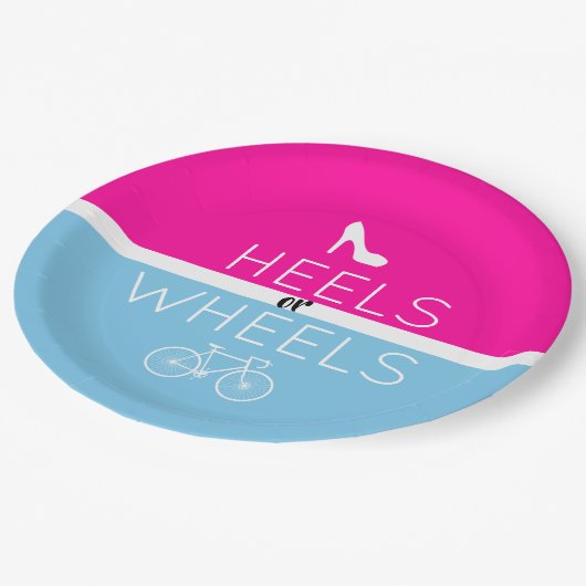Heels oder Räder {Fahrrad} Pink|Blauer Geschlechts Pappteller (Schrägansicht)