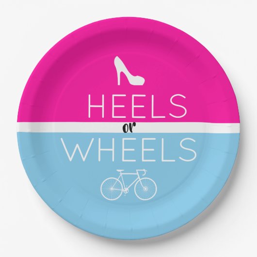 Heels oder Räder {Fahrrad} Pink|Blauer Geschlechts Pappteller (Vorderseite)