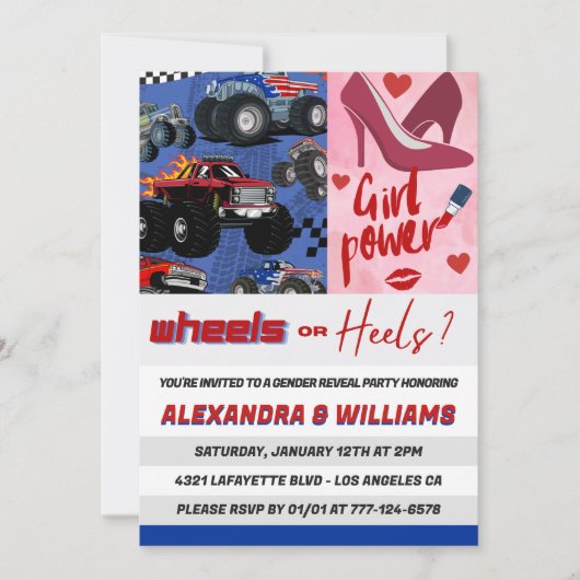 Heels oder Räder Geschlecht zeigen Einladung pink (Vorderseite)