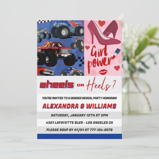 Heels oder Räder Geschlecht zeigen Einladung pink (Stehend Vorderseite)