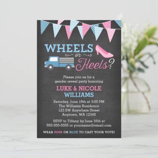 Heels oder Räder Geschlechtsspezifische Party Einl Einladung (Stehend Vorderseite)