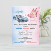 Heels oder Räder Geschlechtsspezifisches Party Einladung (Stehend Vorderseite)