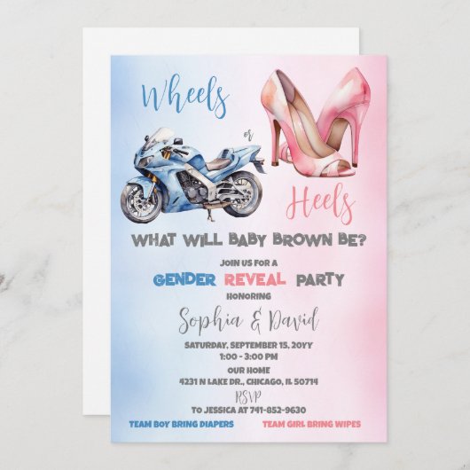 Heels oder Räder Geschlechtsspezifisches Party Einladung (Vorne/Hinten)