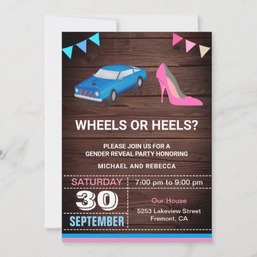 Heels oder Räder Geschlechtsspezifisches Party Einladung (Vorderseite)