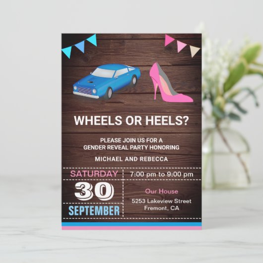 Heels oder Räder Geschlechtsspezifisches Party Einladung (Stehend Vorderseite)