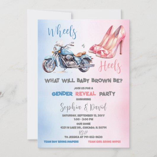 Heels oder Räder Geschlechtsspezifisches Party Einladung (Vorderseite)