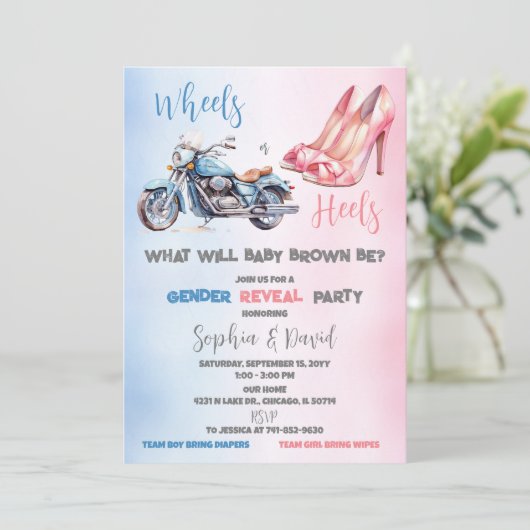 Heels oder Räder Geschlechtsspezifisches Party Einladung (Stehend Vorderseite)