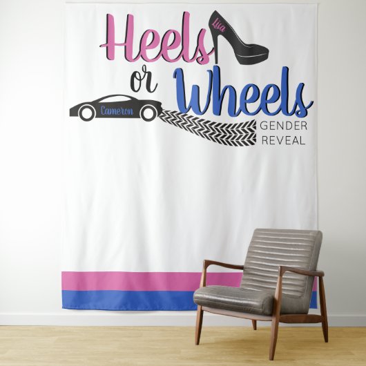 Heels oder Wheels Gender Reveal Pink|Blue Foto Wandteppich (Beispiel)