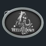 Heelse auf dem Cowgirl reiten Ovale Gürtelschnalle<br><div class="desc">"Kürzen Sie die Heelse runter" Cowgirl Zitat,  Pferdeliebhaber Gürtelschnalle. Reiten,  Western,  Landdesign mit Pferd,  Pferdeschuh und Western Cowboystiefel in Schwarz und Weiß. Sie können dieses Design auf jedes andere Produkt auf Zazzle übertragen,  schauen Sie sich an: "Transfer Design zu einem Produkt"!</div>
