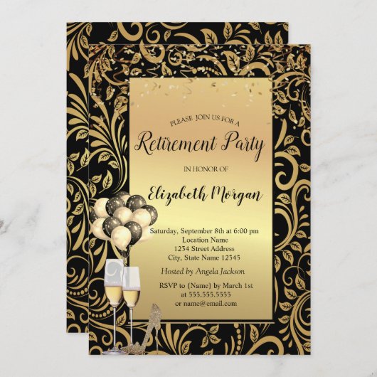 Heelse, Ballons, Gold Wirbel Rente Party Einladung (Vorne/Hinten)