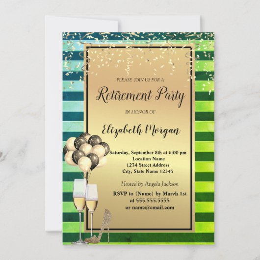 Heelse, Glas, Ballons, Grünstreifen - Ruhestand Einladung (Vorderseite)