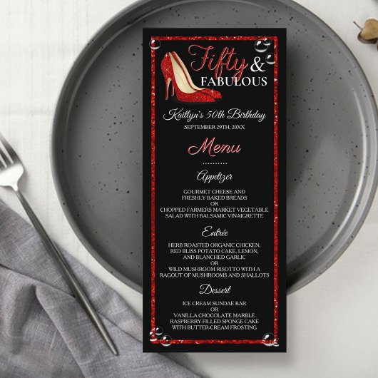 Heelse mit rotem Glitzer | 50 & Fabulous Geburtsta Werbekarte