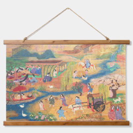 Heian Courtyard Scene: Tales from a Gilded Scroll Wandteppich Mit Holzrahmen