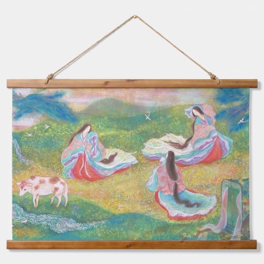 Heian Elysium: Ladies in a Spring Meadow  Wandteppich Mit Holzrahmen (Vorne)