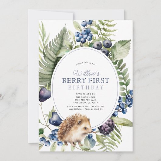 Heidelbeeren & Igel Berry Erster Geburtstag Einladung (Vorderseite)