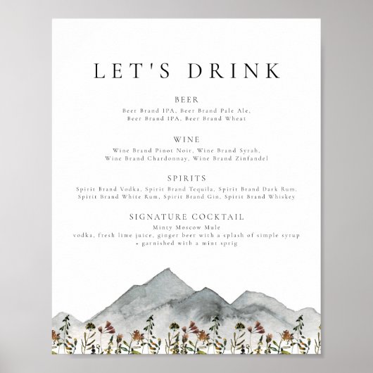 HEIDI Boho Mountain Blume Trink Bar Menu Poster (Vorne)