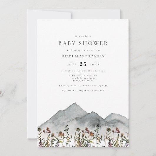 HEIDI Boho Watercolor Mountain Wildblume Baby Einladung (Vorderseite)