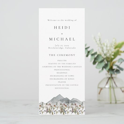 HEIDI Boho Wildblume Long Wedding Program Card Einladung (Stehend Vorderseite)