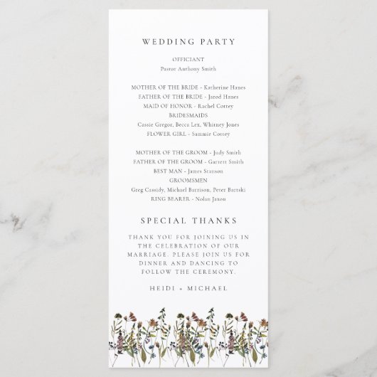 HEIDI Boho Wildblume Long Wedding Program Card Menükarte (Rückseite)
