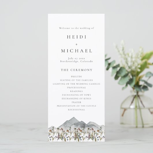 HEIDI Boho Wildblume Long Wedding Program Card Menükarte (Stehend Vorderseite)