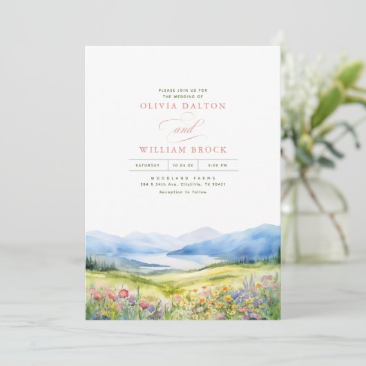 Heidi Mountains Wildblumen Hochzeit 4 Fotos Einladung (Stehend Vorderseite)