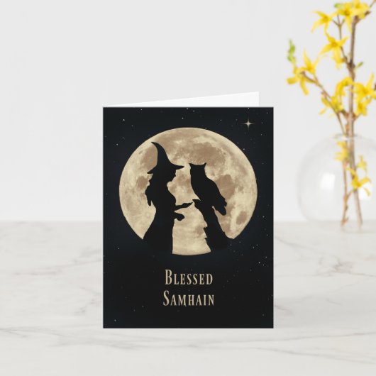 Heidnische Celtic-Halloween-Hexe und Eule Samhain Karte (Gelbe Blume)