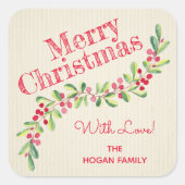 Heilig und Berries über Elfenbeinweihnachtsferien Quadratischer Aufkleber (Vorderseite)