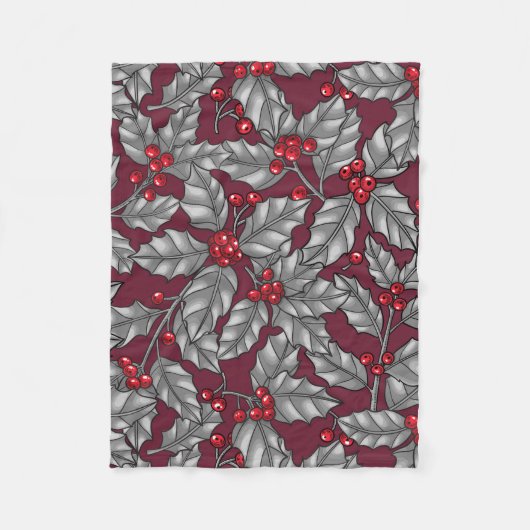 Heilige Beere, graue Blätter auf dunkelrot Fleecedecke (Vorderseite)