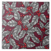 Heilige Beere, graue Blätter auf dunkelrot Fliese (Vorderseite)