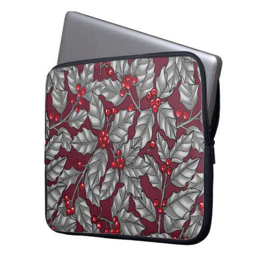 Heilige Beere, graue Blätter auf dunkelrot Laptopschutzhülle (Vorderseite Links)