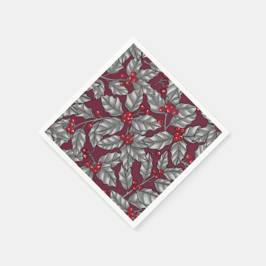 Heilige Beere, graue Blätter auf dunkelrot Serviette (Ecke)