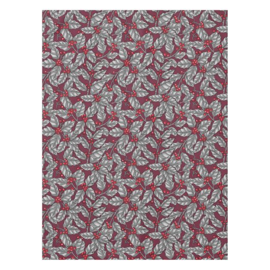 Heilige Beere, graue Blätter auf dunkelrot Tischdecke (Vorderseite)