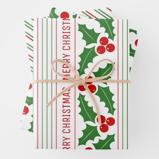 Heilige Beere und rote, grüne Streifen Frohe Weihn Geschenkpapier Set (Beispiel)