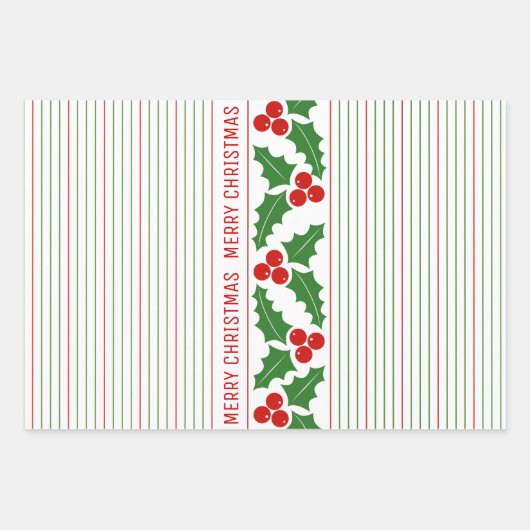 Heilige Beere und rote, grüne Streifen Frohe Weihn Geschenkpapier Set (Vorderseite)