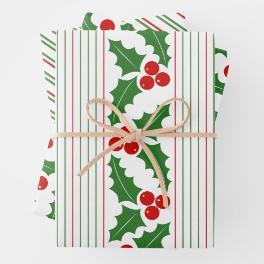 Heilige Beere und rote, grüne Streifen Weihnachten Geschenkpapier Set (Beispiel)