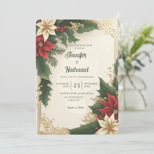 Heilige Berries Red Green Gold Weihnachtsfeier Einladung (Stehend Vorderseite)