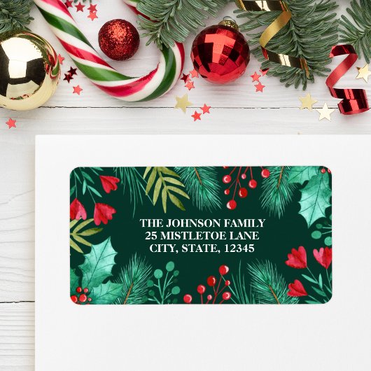 Heilige, Berries und grüne Blätter Wasserfarbe Adressaufkleber