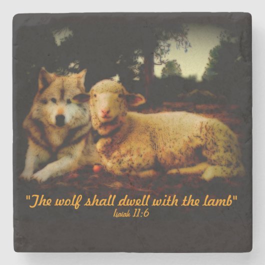 Heilige Bibel, Der Wolf und das Lamm, Isaiah 11:6 Steinuntersetzer (Vorderseite)