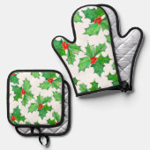 Heilige Blätter, Berries, Rot, Grün Ofenhandschuh & Topflappen-Set (Vorderseite/Rückseite)