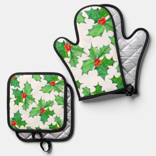 Heilige Blätter, Berries, Rot, Grün Ofenhandschuh & Topflappen-Set (Vorderseite/Rückseite)