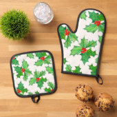 Heilige Blätter, Berries, Rot, Grün Ofenhandschuh & Topflappen-Set (Oben Unten)