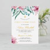Heilige erste Kommunion Blumenrosa elegantes Gold Folieneinladung (Stehend vorne)