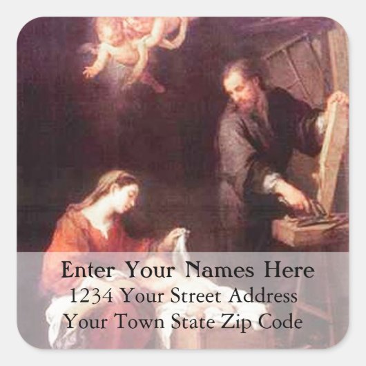 Heilige Familie mit Engeln Weihnachtsanschrift Lab Quadratischer Aufkleber (Vorderseite)