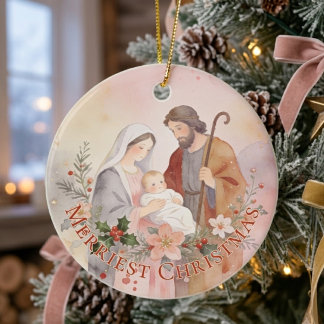 Heilige Familie Rosa Pastell Aquarell Weihnachten  Keramik Ornament