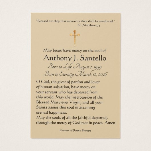 Heilige Familienbeerdigung Beileid Gebet Heilige K (Rückseite)